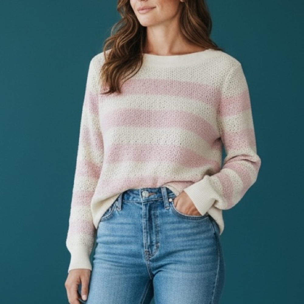 Market & Spruce Cream and Light Pink Striped Scoop Neck Sweater